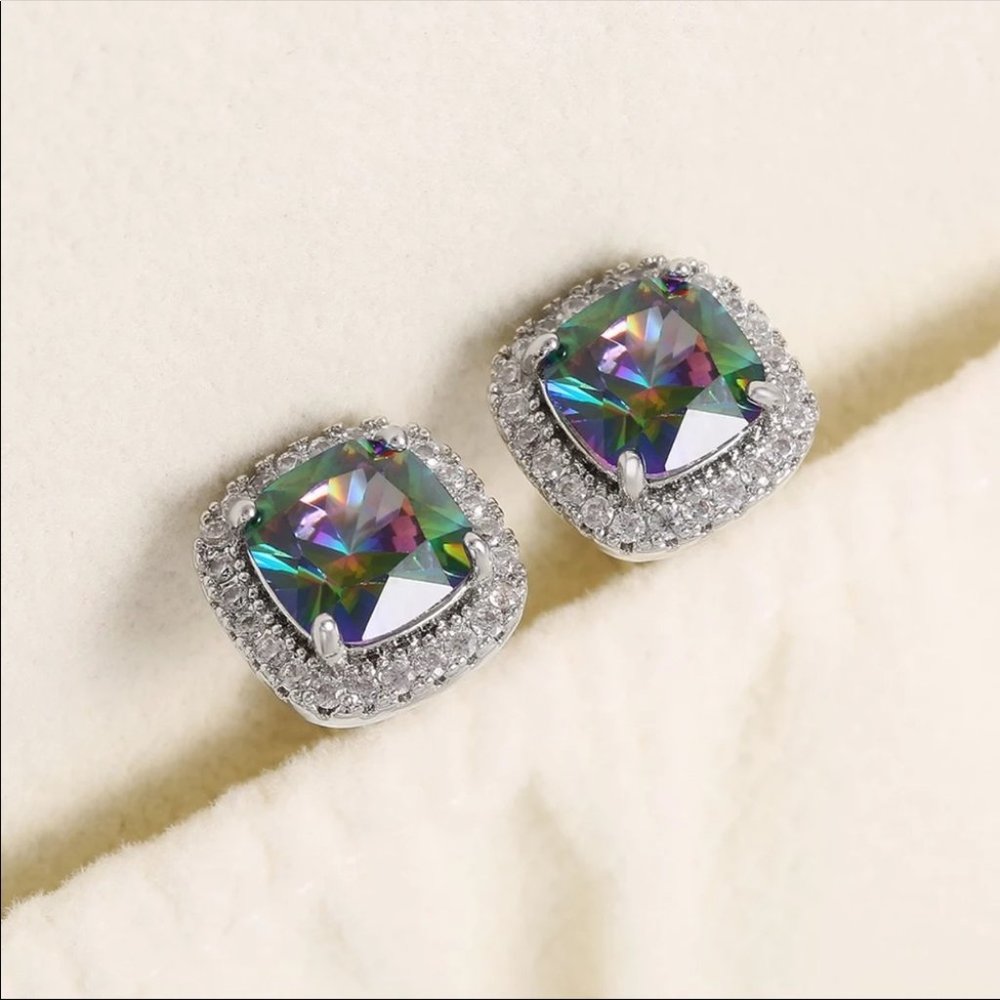 New Rainbow Square Cut Unisex Diamond Earrings - Picture 6 of 6